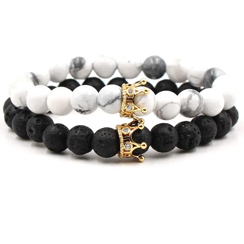 Perlen Mosaik Cz Crown Naturstein Armband Set Ätherisches Öl Diffusor Lava Rock Weiß Türkis Armreif Für Frauen Männer paar Schmuck Dhln1