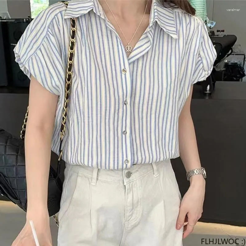 Blusas de mujer Chic Corea lindas y dulces chicas básicas a rayas novio camisas mujeres Japón estilo pijo de un solo pecho botón Retro Tops