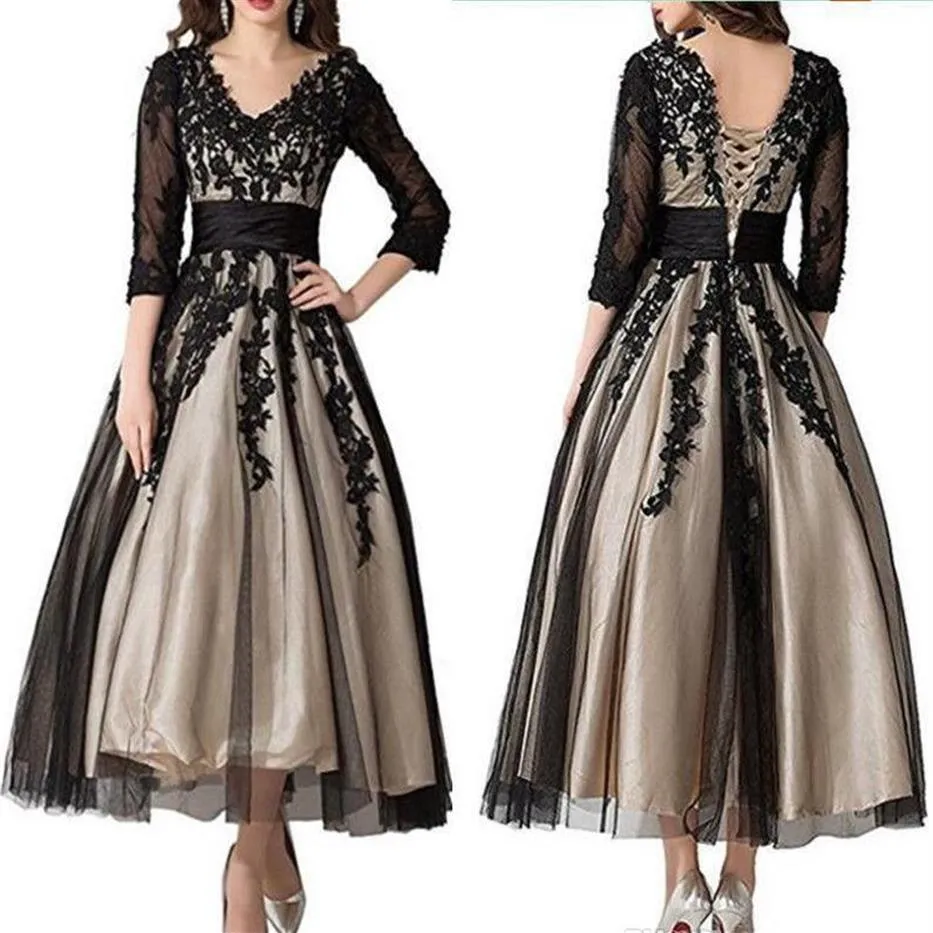 3 4 Long Sleeves Black Lace Mother of the Bride Dresses Ankle Length V Neck Champagne Lining Wedding Guest Dresses Special Occasio271a