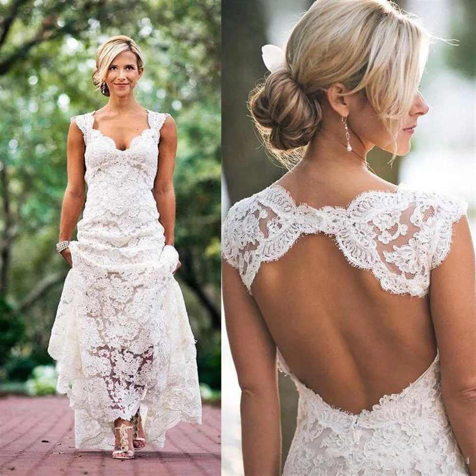 Abiti da sposa in pizzo pieno aperto indietro Una linea Pluging scollo a V maniche ad aletta Abiti da sposa Taglia personalizzata Abiti da sposa da giardino country248D