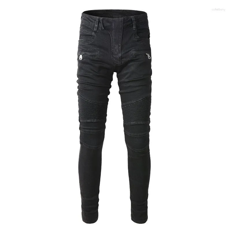 Men's Jeans Street Fashion Men High Quality Black Color Elastic Slim Fit Biker Homme Spliced Designer Hip Hop Brand Pants