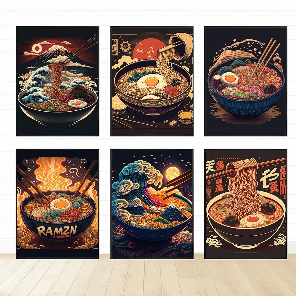 Japanische Ramen-Leinwandgemälde, Drucke für Restaurant, Küche, Heimdekoration, abstrakte köstliche Speisen, Illustrationsposter und Drucke, Wandkunst, Wo6