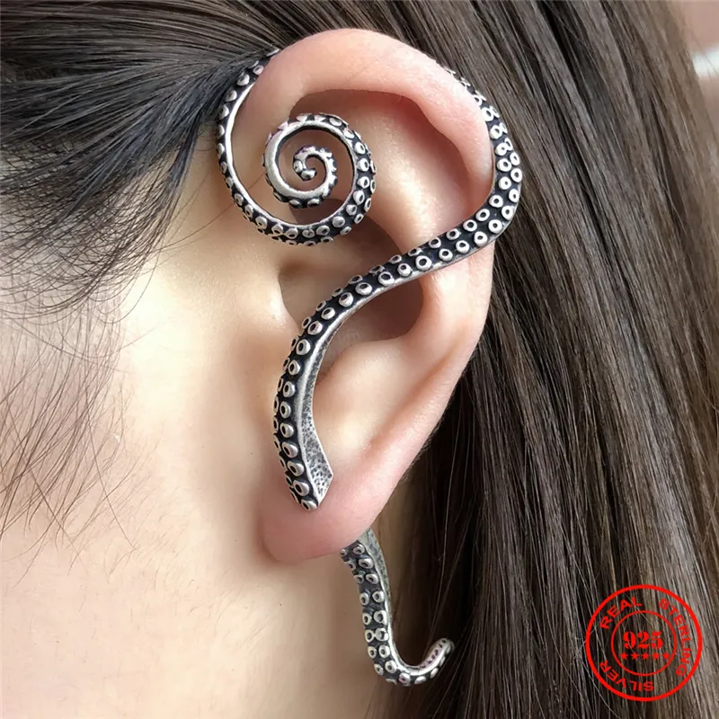 Stud MKENDN Antique 925 Sterling Silver Piercing Earrings Big Octopus Foot Punk Cuff Tentacle Earring Gothic Street Jewelry 230804
