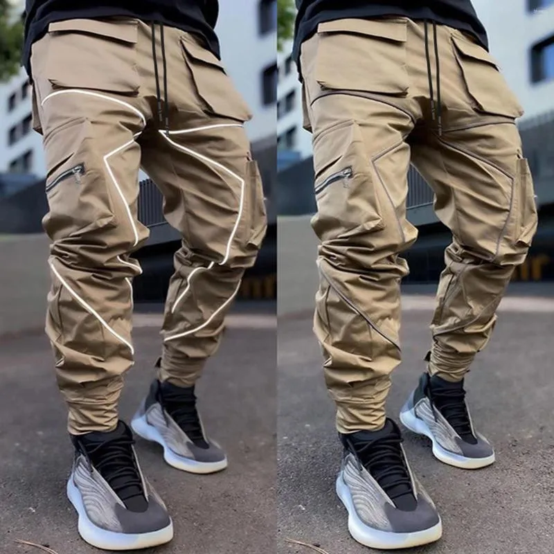 Men's Pants Reflective Striped Cargo Male Trousers Mid Waist Retro Drawstring Workout Mens Casual Streetwear