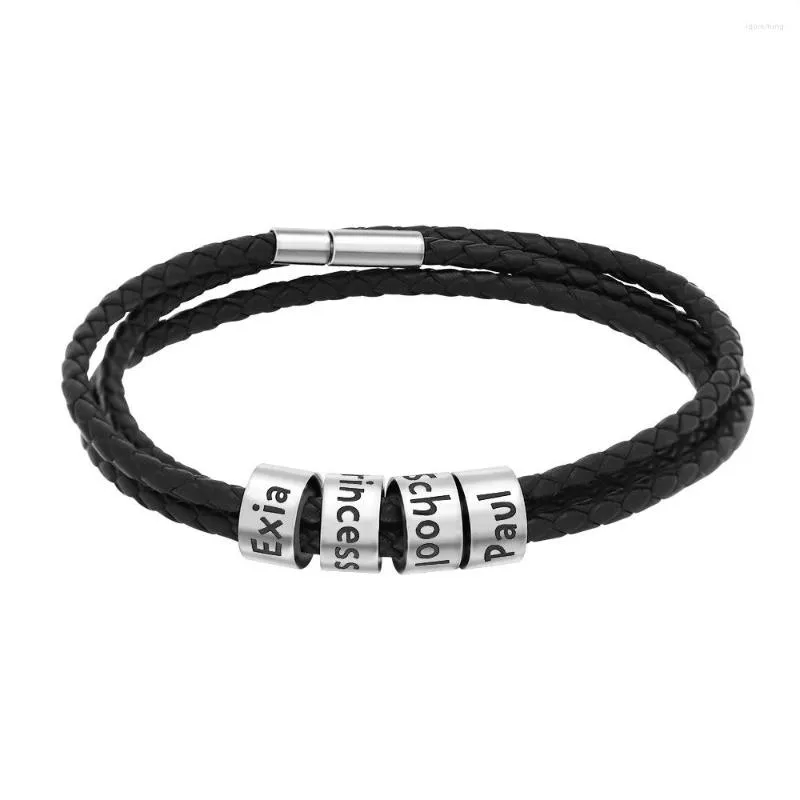 Bangle ELANUOYY Leather Rope Bracelet Men's Customize Name Beads Charm Bangles