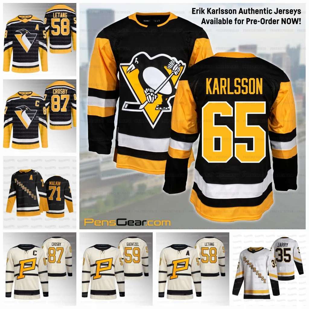 65 Erik Karlsson Penguins Trikots Sidney Crosby 2023 Reilly Smith Kris Letang Jake Guentzel Jarry Evgeni Malkin LEMIEUX Rakell Pittsburgh Granlund Adam Jhonson