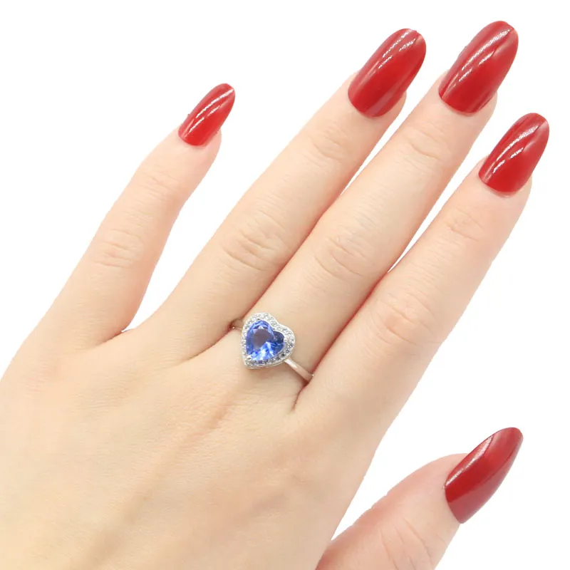 Jazaz 2.5g Lovely Heart Shape Cute Created Violet Tanzanite Cubic Zircon Daily Wear 925 Solid Sterling Silver Rings Open mouth ring 000034