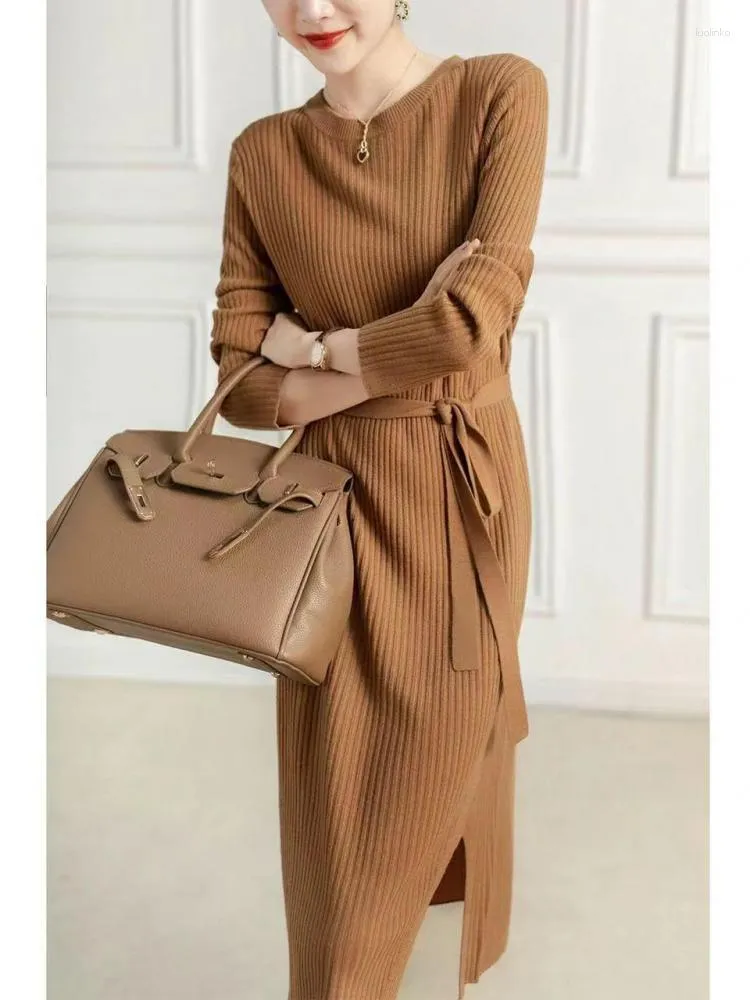 Brown Striped Knit Casual Dress for Women - Chic A-Line Midi with Split, O Neck, Warmth, and Festive Style