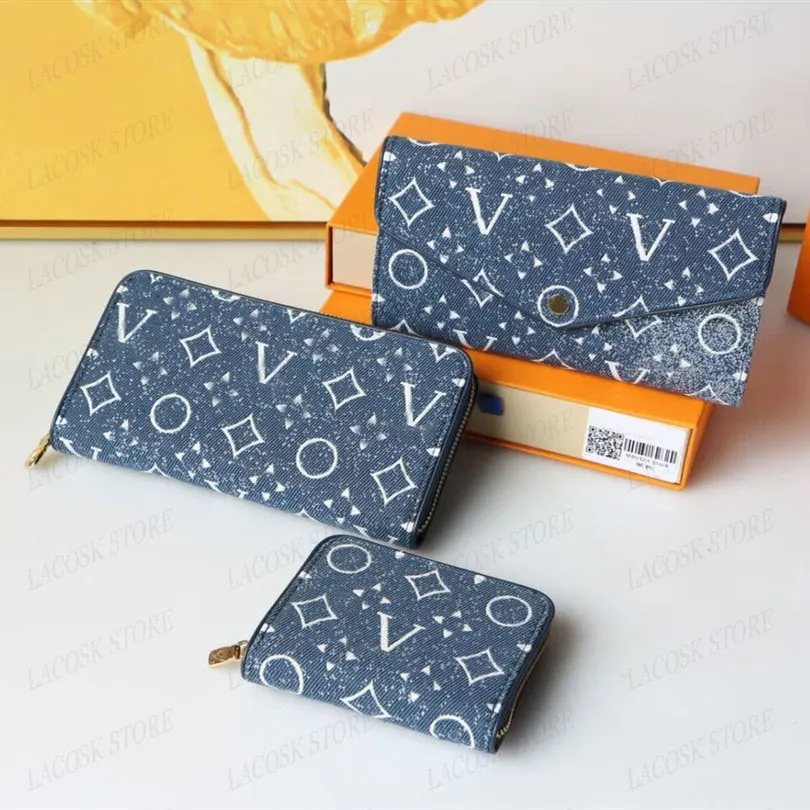 Denim designer plånböcker för män kvinnor broderi bokstäver blomma pursar lyxiga kopplingspåsar cowboy canvas blå kreditkort plånbok