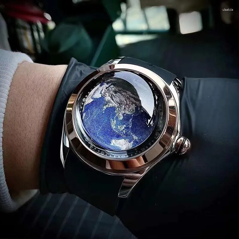 Нарученные часы Dectop 2023 Прибытие Art Art Earth Design Bubble Glass Automatic Watch Водонепроницаемые модные бизнес -ремешок кожа