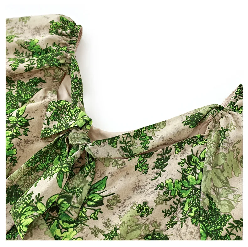 0C580M09# EVEOVNI Women's Summer Dress High Quality Sweet Girl V-Neck Bubble Sleeve Floral Skirt Bow Knot