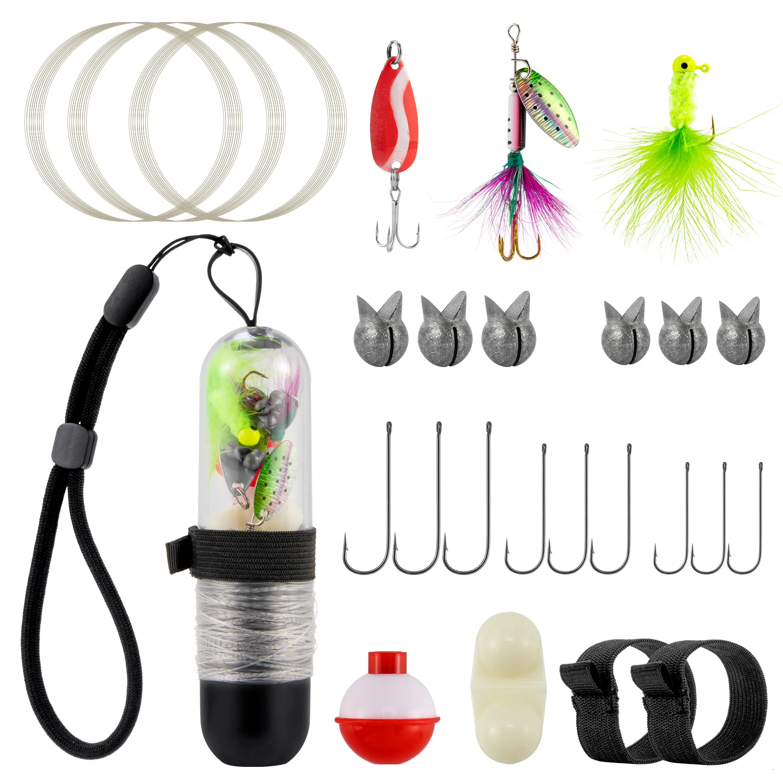 Fish Finder 25pcs Pocket Reel Survival Fishing Kit Line Line Head Head крюк Spoon Spinner приманка для походных кемпинг