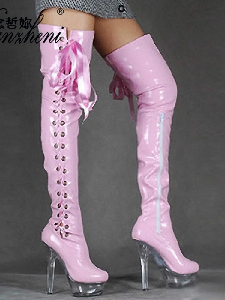 Plate-forme rose 750 bottes 15 cm Strip de bande de pole dance pole lacet up sexy fetish chaussures 6inches gothique féminine grande taille rond orteil 230807 a