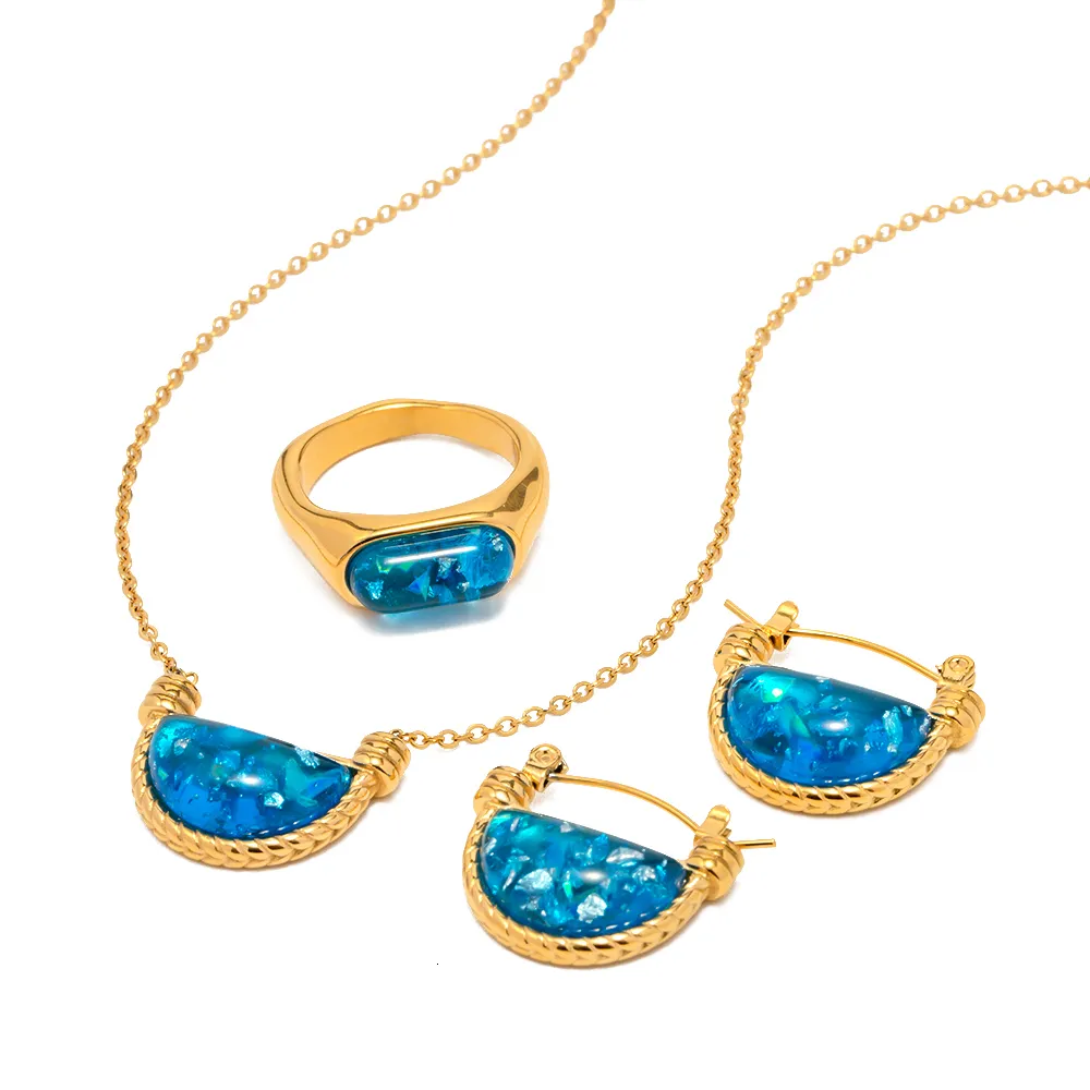 Wedding Jewelry Sets Youthway Blue Resin Scalloped Basket Pendant Necklace Earrings Ring Set Trendy Fashion Waterproof Chic Party Gift 230808