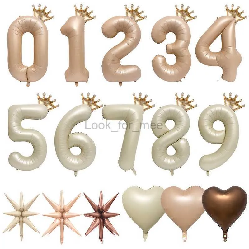 Beige Caramel Heart Balloons Crown Happy Birthday Baloons 1 2 3 4 5 6 Babyshower Number Foil Balloon Helium Baby Shower Globos HKD230808