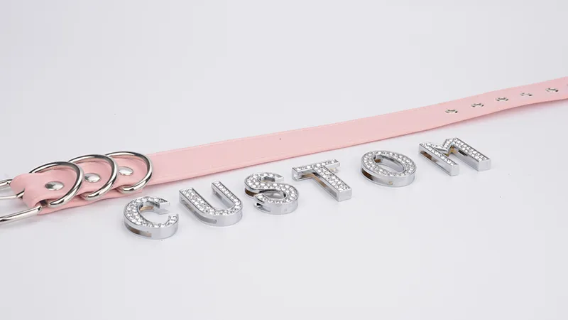 Handmade Silver Crystal Words Necklace Women Custom Choose Big Letters Choker Pink Punk Gothic PU Leather Collar Choker 11