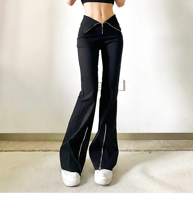 パンツ archive flare slacks zip design y2k mode Womens Y2K Black Flare Pants: Sexy Zipper Skinny Chic Streetwear