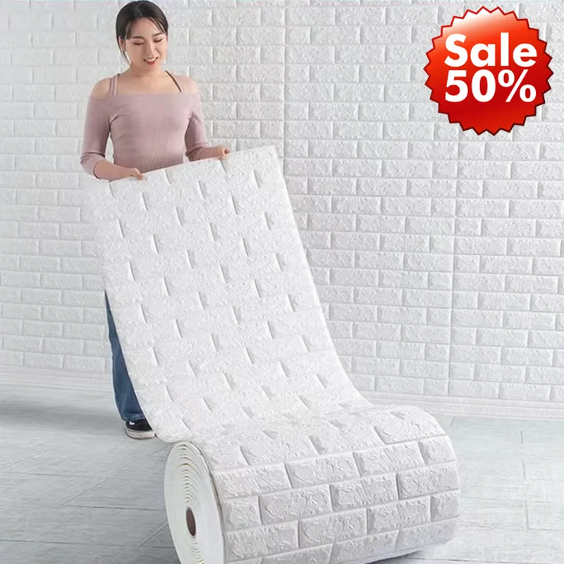 Duvar Çıkartmaları 3D Yumuşak Köpük Tuğla Duvar Kağıdı Çıkartma Roll DIY Kendi Kendinden Yapışkan Oturma Odası Ev Mutfak Banyo Dekoratif Kağıt Beyaz Mavi 230808