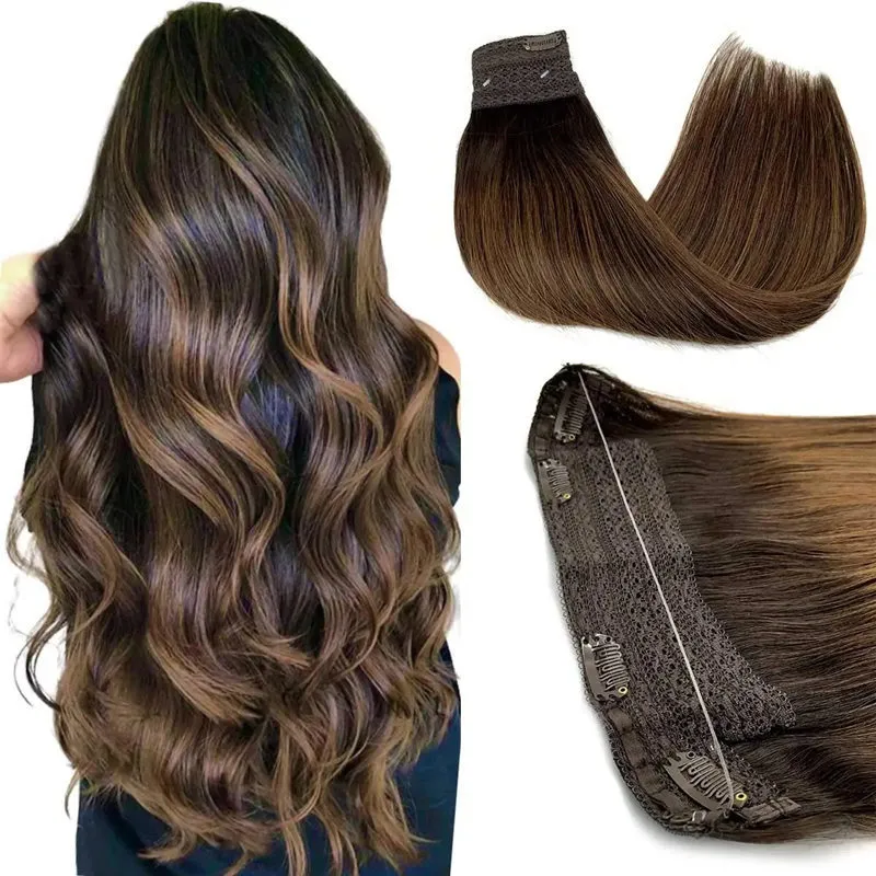 Lace Wire Hair Real Human Balayage Dark Brown to Chestnut Invisible Transparent Fish Line 230807