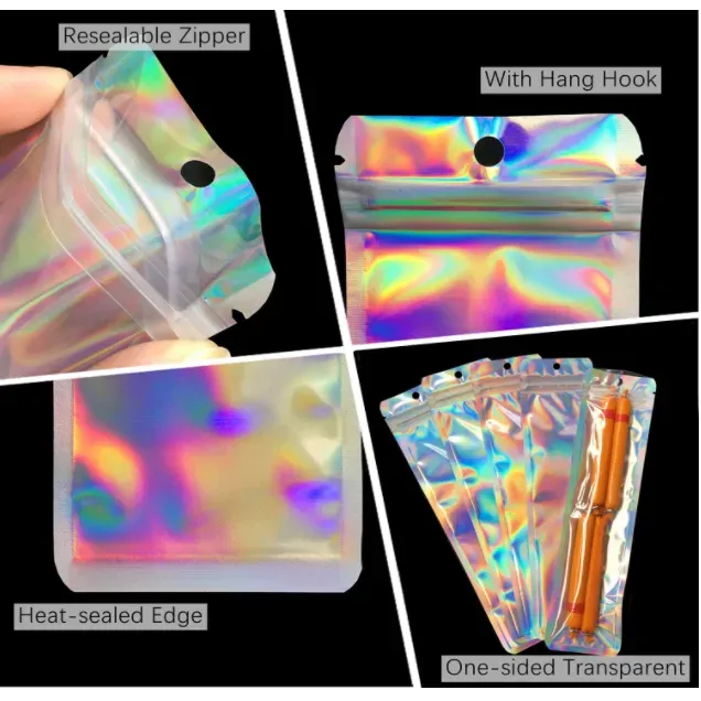 Holographic Mylar Bags 2.4x9 inch Resealable Smell Proof Food Storage Pouch Ziplock Packaging for Food, Jewelry, Cosmetic, Pre Rolls Small Business