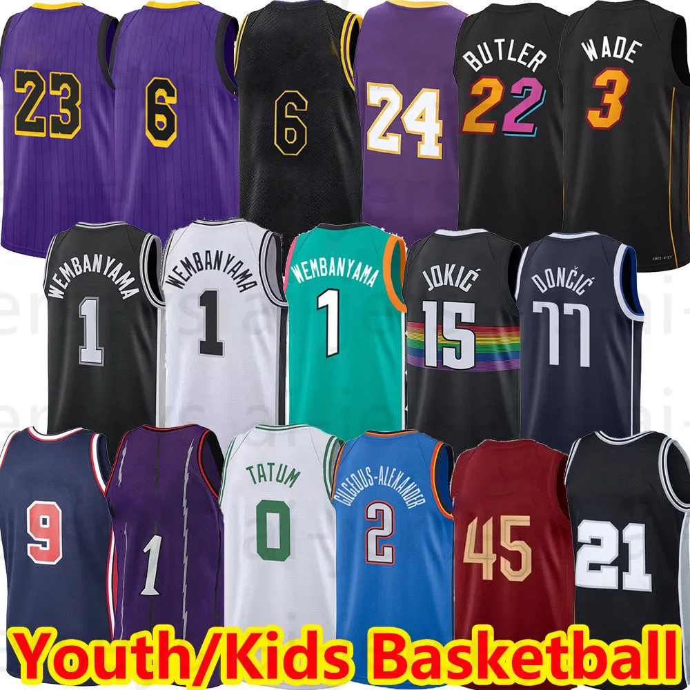 Youth Kids Basketball Jerseys 1 Wembanyama 3 Wade 22 Butler 15 Jokic 2 Gilgeous-Alexander 77 Doncic 0 Tatum Stitched Youth Kids Size S M L XL