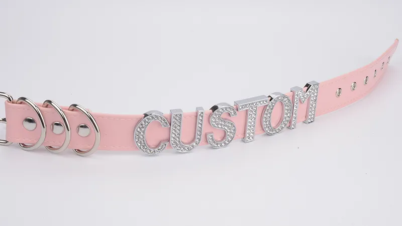 Handmade Silver Crystal Words Necklace Women Custom Choose Big Letters Choker Pink Punk Gothic PU Leather Collar Choker 10