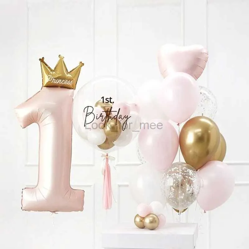 Balões de papel alumínio com número de coroa de princesa de 40 polegadas Decorações de festa de primeiro aniversário crianças menina menino bebê primeiro aniversário de um ano suprimentos HKD230808