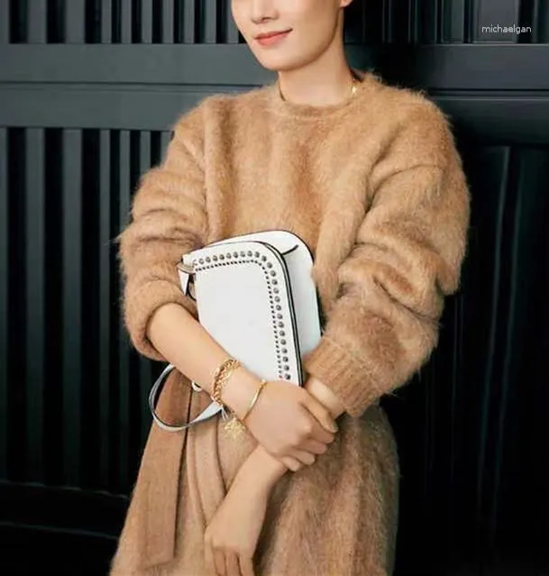 Blusas femininas versão coreana de vison solto e fofo suéter de caxemira vestido de gola redonda com cinto W120