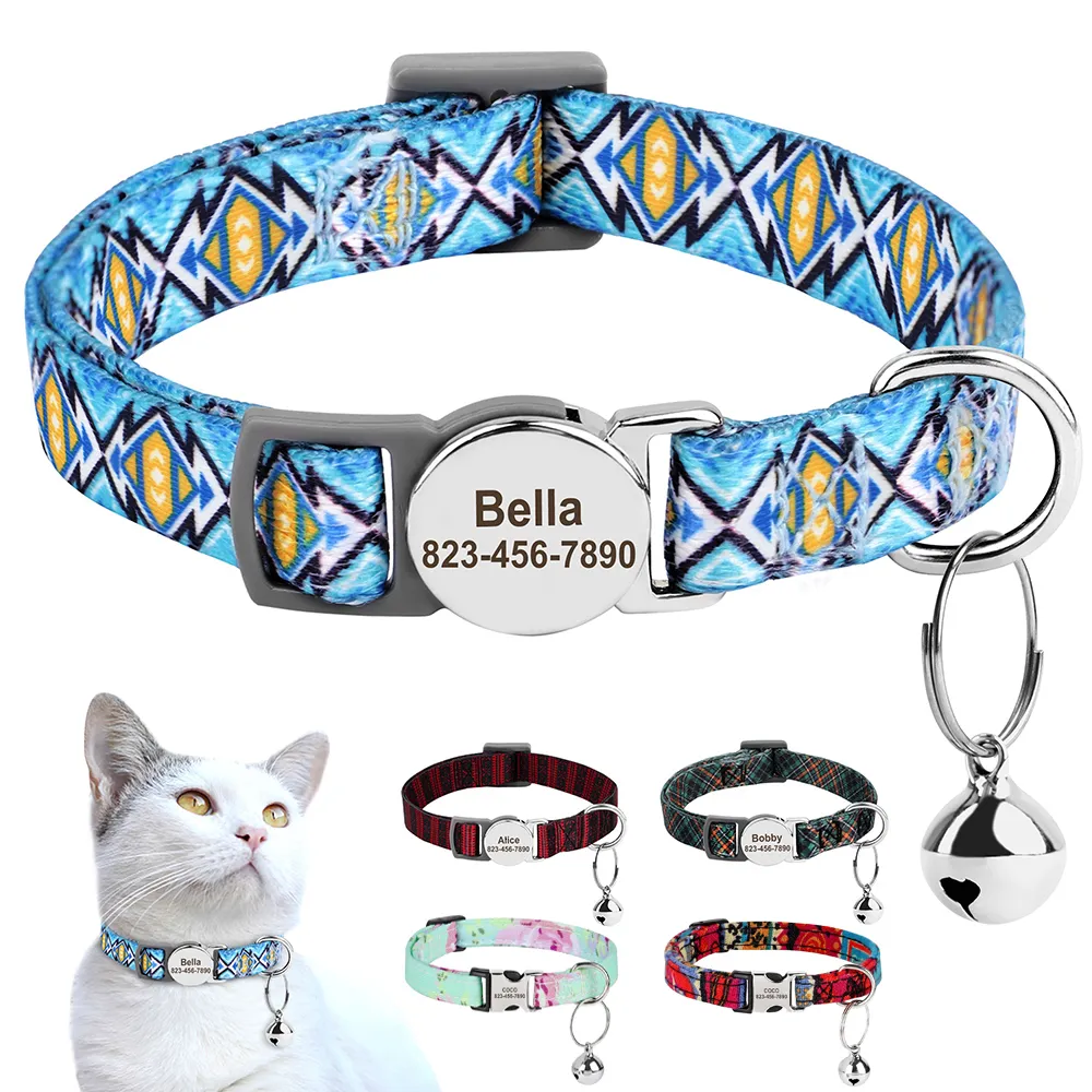 Collares de perro Correas Collar de gato impreso personalizado Cachorro de gatito ajustable con placa de identificación grabada gratis Campana Gatos antipérdida 230807