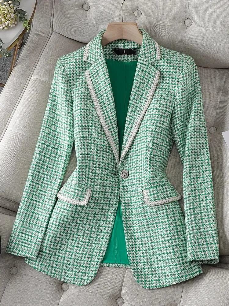 Ternos femininos verde xadrez paletó feminino formal blazer feminino gola entalhada manga comprida botão único roupas de trabalho de negócios