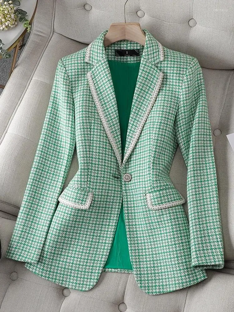 Abiti da donna Giacca da abito scozzese verde Blazer formale da donna Colletto dentellato Manica lunga Abito da lavoro da lavoro con un bottone