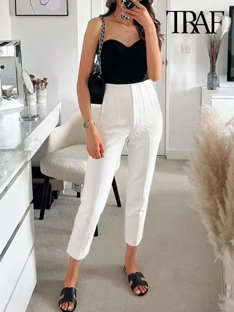 Women s Pants s TRAF Women Fashion With Pockets Casual Basic Solid Vintage High Waist Zipper Fly Female Ankle Trousers Pantalones Mujer 230808