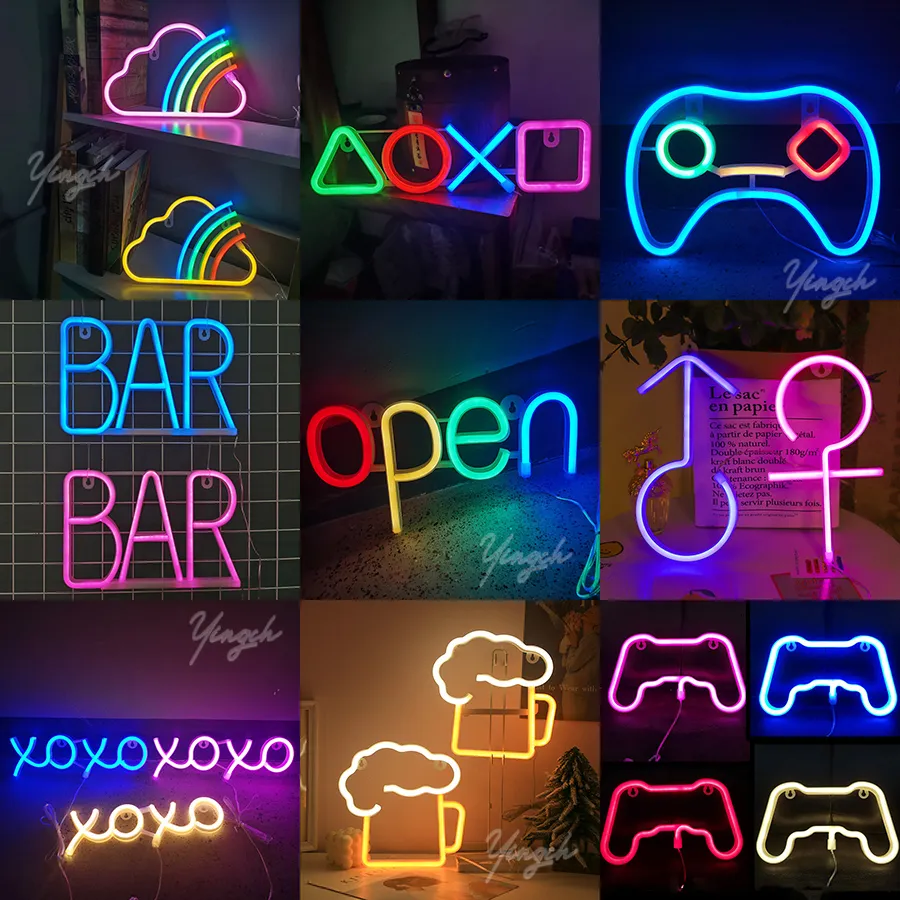 Novità Articoli all'ingrosso Led Luce al neon Segno Open Bar Gioco Lettera Notte Lampada Camera Decorazione di arte della parete per la festa di nozze Negozio Regalo di compleanno 230808