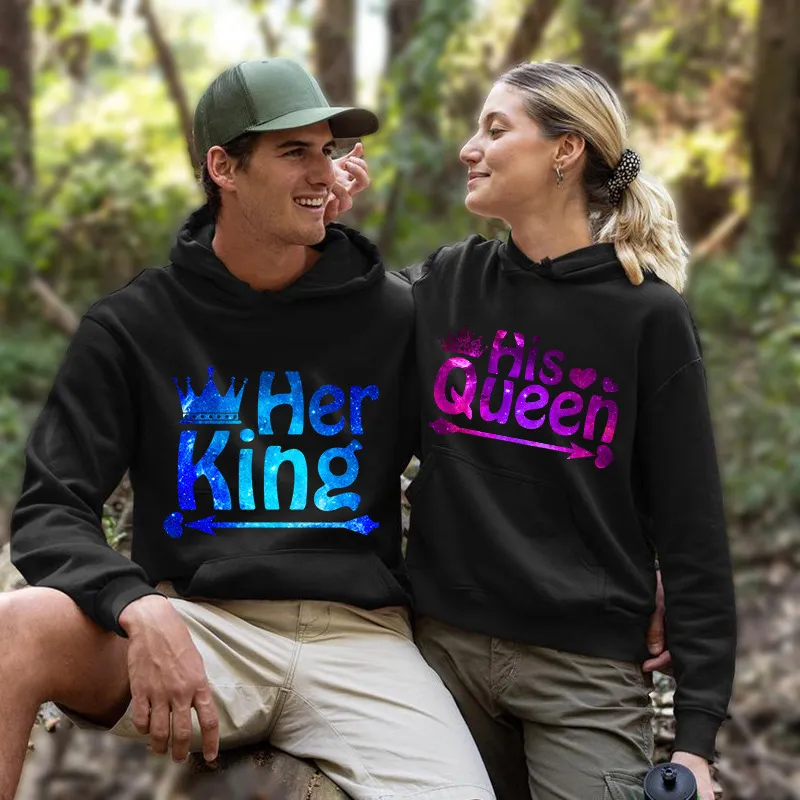 Мужские толстовка толстовок любитель sudaderas print king Queen Пара толстовки Женщины мужчины с капюшоном с капюшоном, соответствующая одежде 230807