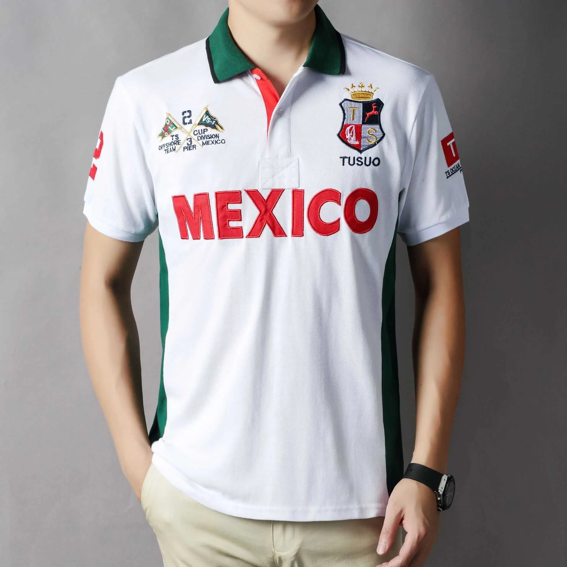 TS coroa moda nova camisa polo masculina de manga curta algodão solto México moda de lazer urbana estilo esportivo estudantil