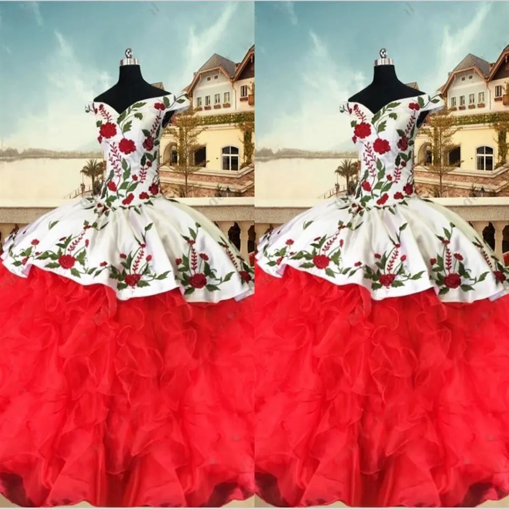2023 Винтажные вышитые платья Quinceanera Ball Play с плечевых оборков органза Сладкая 16 девушек -выпускное платье 282R