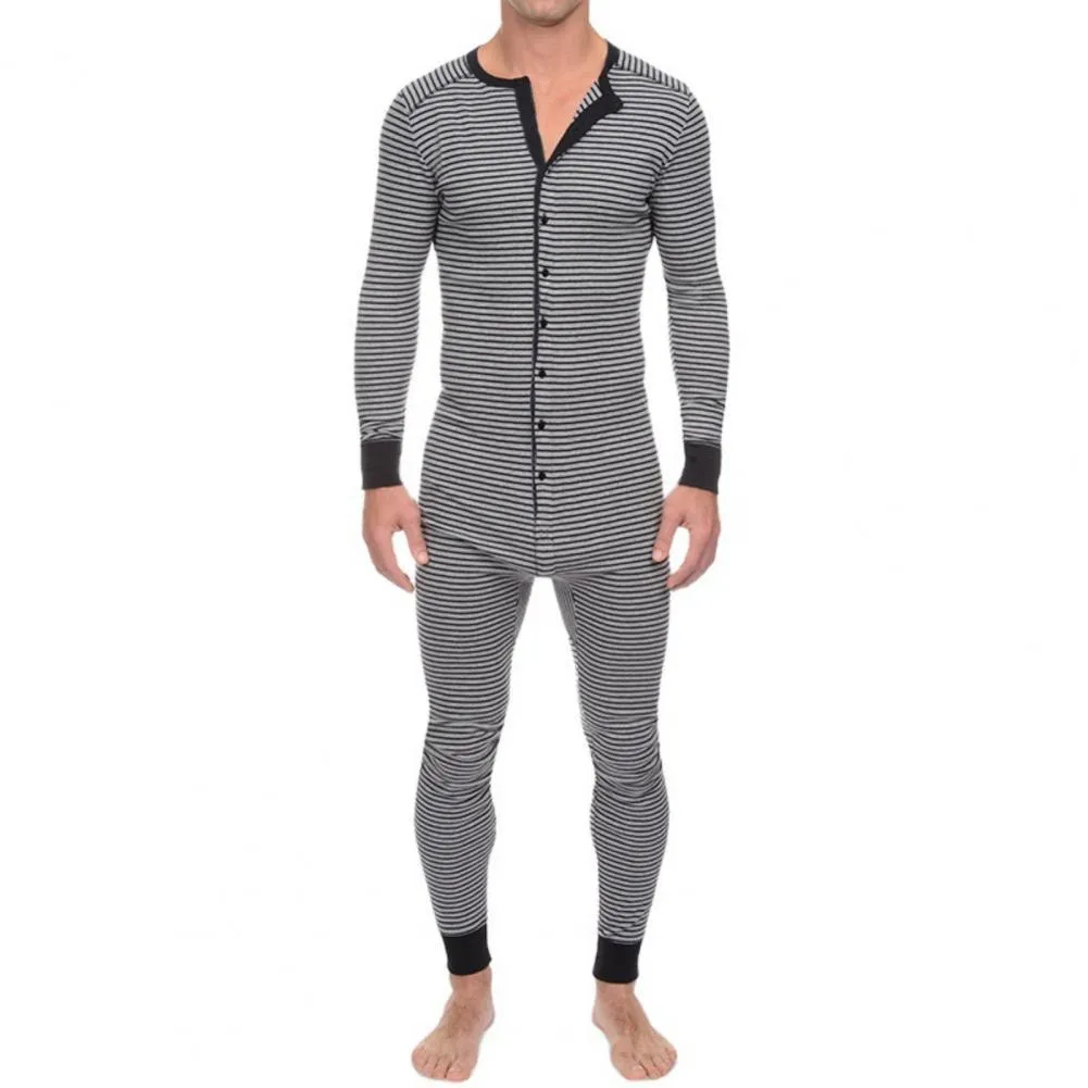 Ropa de dormir para hombres Ropa interior para hombres Pijama Flaco Mono a rayas Manga larga O Cuello Botones Mameluco en general Venta al por mayor Onesies Set 230808