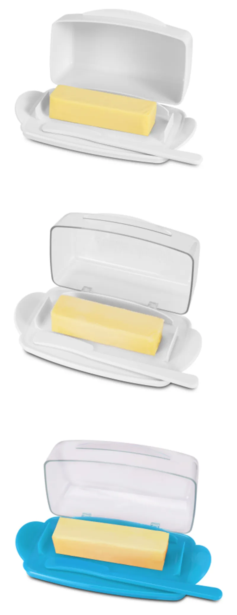 Beurrier avec couvercle de comptoir, récipient à beurre en plastique durable avec couteau à tartiner, jolie poignée et couvercle rabattable pour un accès facile, antidérapant, deux pièces-13