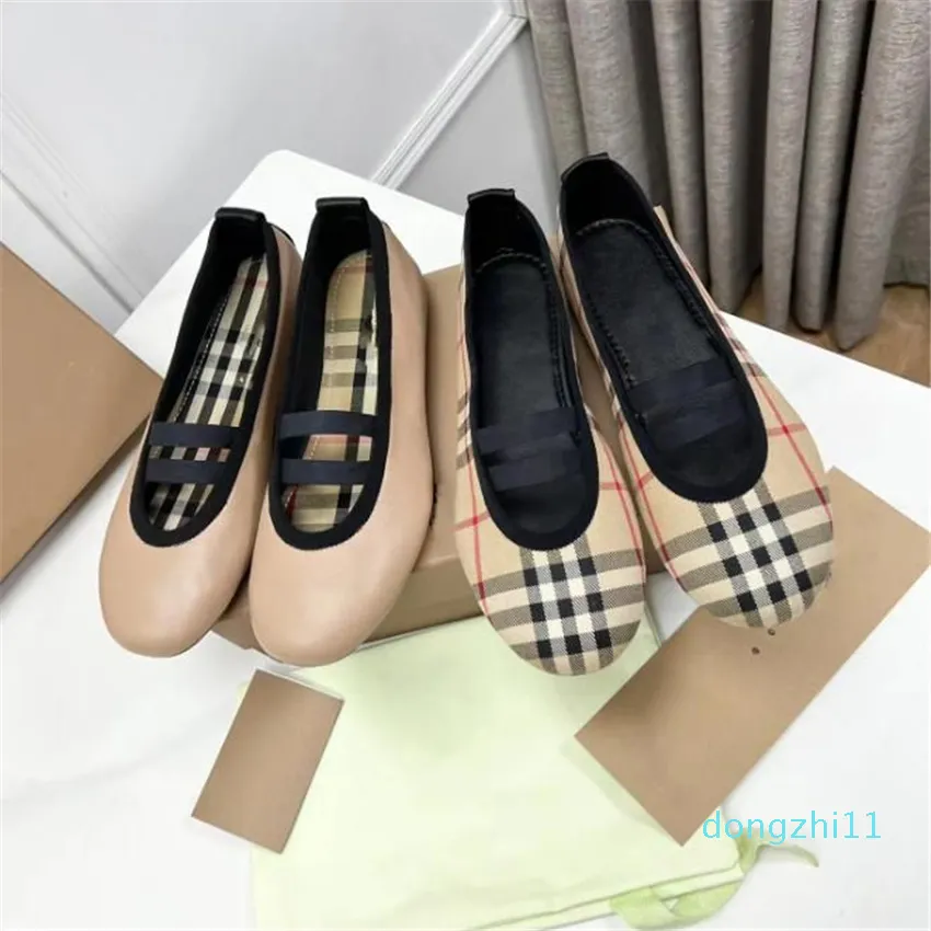 Kvinnor Vintage Check Ballerinas Shoes Designer Fashion Plaid Cotton Smooth Läder Högkvalitativ platt botten Ballettskor Storlek 35-41
