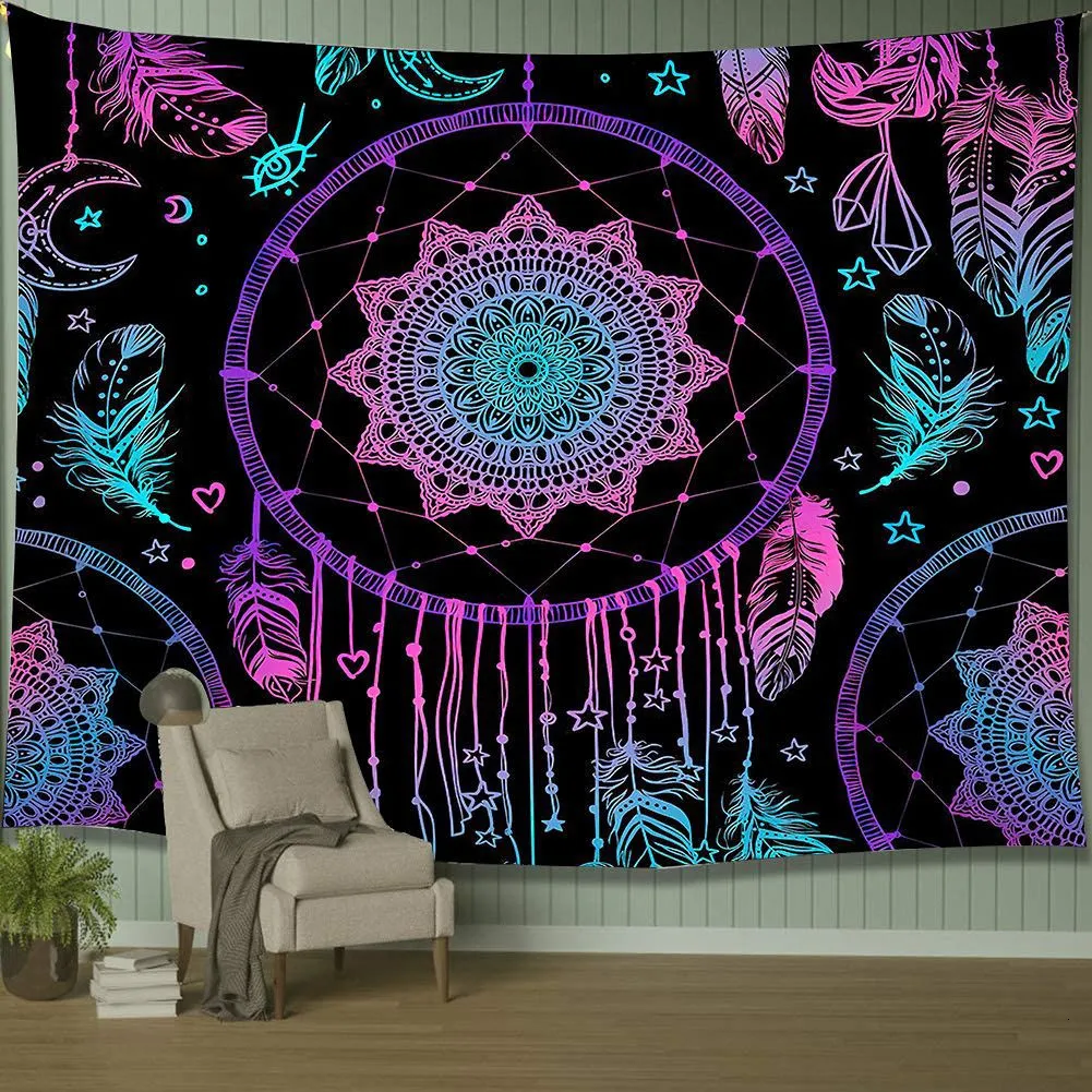 Filt psykedelisk måne dreamcatcher fjäder tapestry hippie stor bohemiska mandala tapestries väggduk mattan takrum dekor 230808