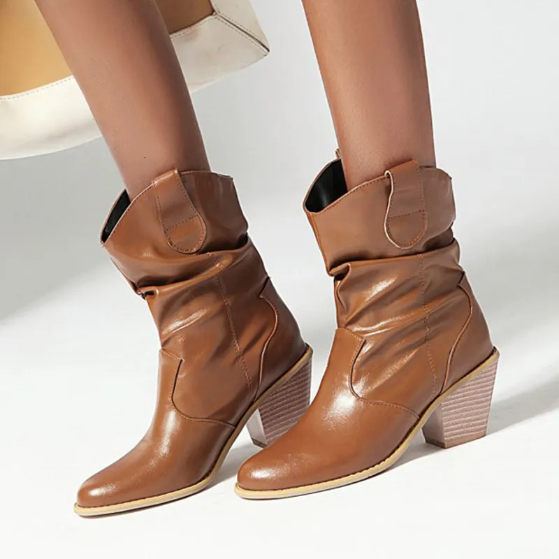 Female Plested Western 432 Cowboy Ankle Pu Leather Shoes Autumn Boots Women Booties Lady Plus Size 43 230807