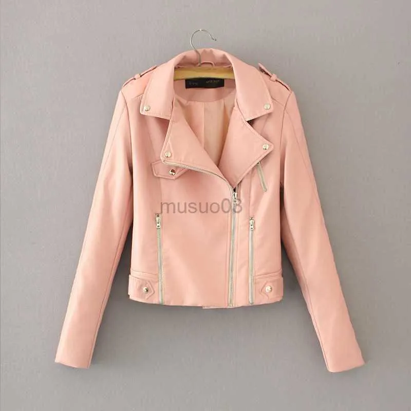 Couro Feminino Couro Sintético Jaqueta Feminina Vermelha Rosa Casaco de Outono Lapela Preta PU Roupas de Motocicleta Couro Sintético Moda Motociclista Crop Jaquetas Top vrouwen jas HKD230808