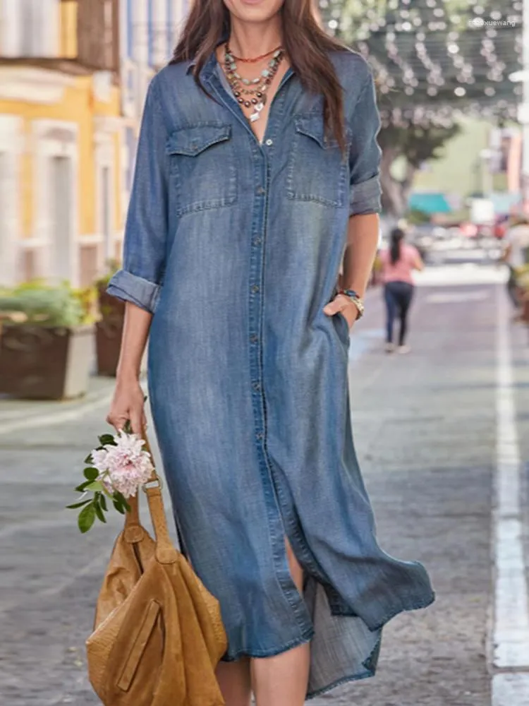 Casual Dresses Vintage Denim Clothing 2023 Elegant Fashion Women Long Dark Blue Loose V Neck Workwear Over Knee Skirt Streetwear Jean Dress