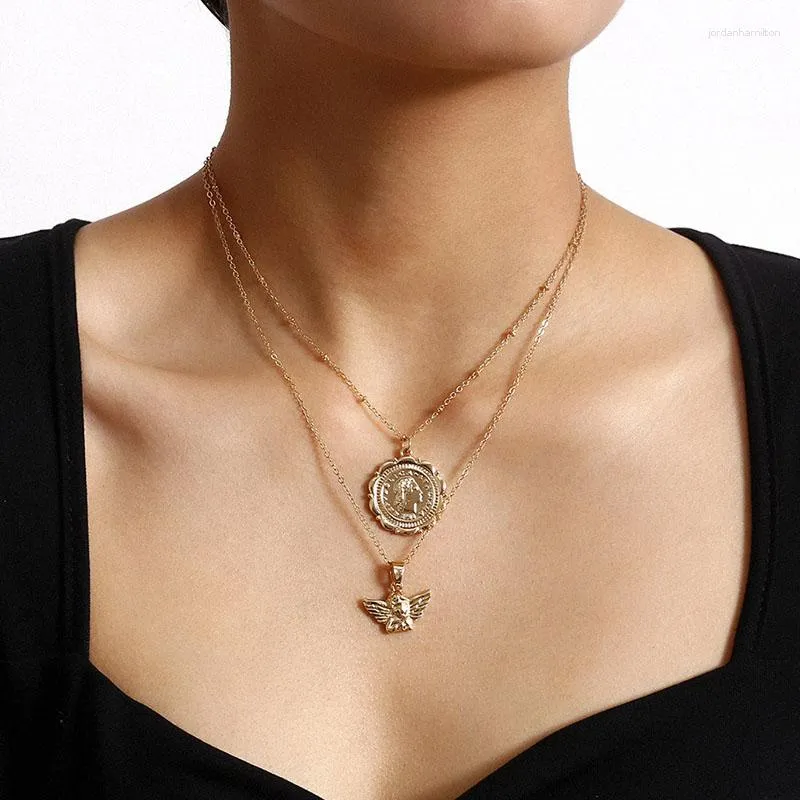 Hänghalsband vintage rund figur mynt ängel halsband kvinnor mode dubbel lager geometriska klavikel smycken gåva XR2945