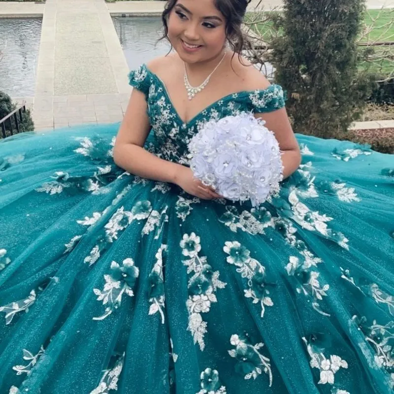 2024 Emerald Green Shiny Quinceanera Dresses Applique 3D Flower Crystal Court Train Formal Ball Gowns Birthday Party Gowns