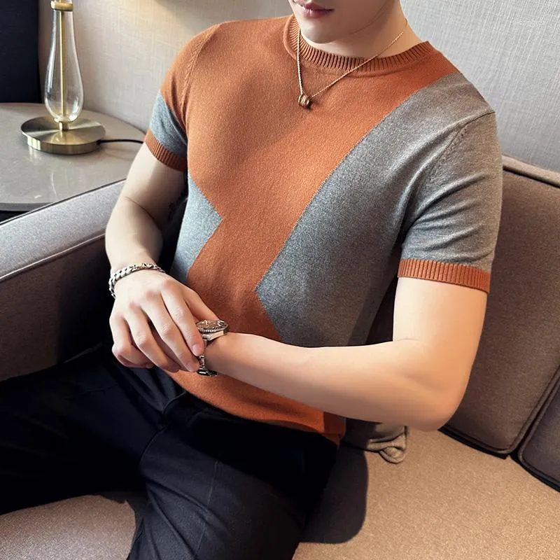 Men's Sweaters Summer Casual Short Sleeves Knitted Sweater/Male Color Matching Slim Fit Business Pullover/Man Sweater
