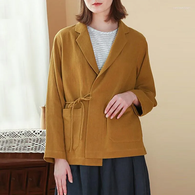 Женские куртки Johnature Японские женщины Ramie Tie 2023 Vintage Loose All Match Rurn-Down Coats Coats