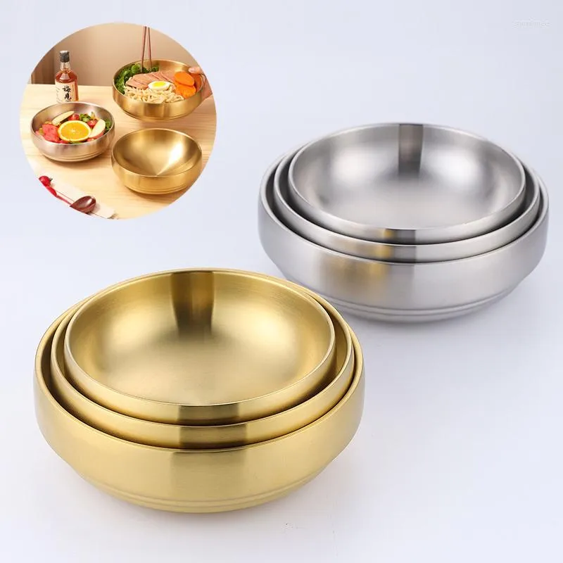 Skålar koreansk stil 304 rostfritt stål dubbel lager kall nudel skål guld silver ris stor soppa