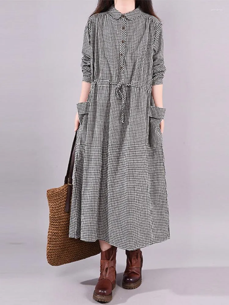 Vestidos casuais femininos 2023 estilo coreano solto de algodão e linho xadrez manga comprida cintura com cadarço saia midi elegantemente para mulheres