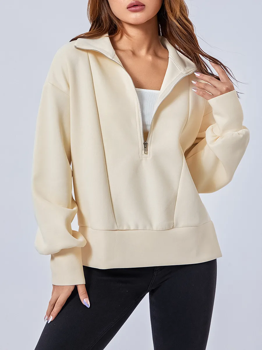 Womens Hoodies Sweatshirts Loose Pullovers Solid Color Lapel Long Sleeve Half Zip Cropped Sweatshirt Autumn Winter Street Tops 230808